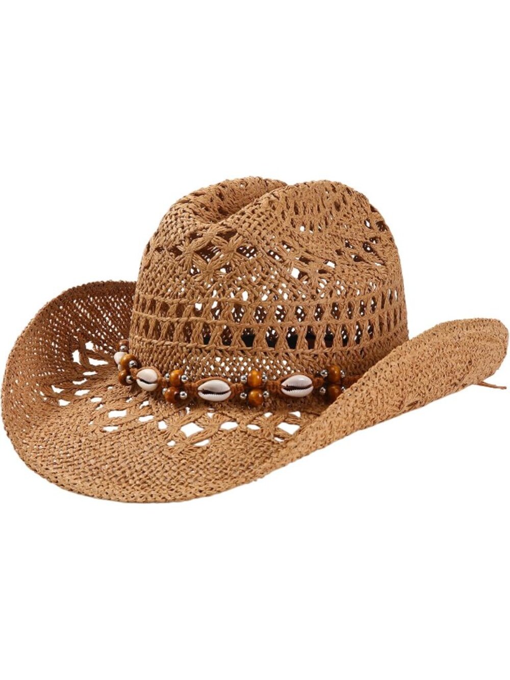 Unisex Camel Beaded Band Wide Brim Breathable Western Straw Summer Cowgirl Hat